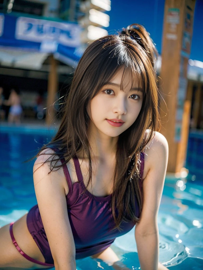 School Swimsuit、(8K、Raw photography、top-quality、​masterpiece:1.2)、(realisitic、Photorealsitic:1.37)、Ultra-detail、超A high resolution、1 girl、see the beholder、beautifull detailed face、A smile、Constriction、(Slim waist) :1.3)、Beautiful detailed skin、School Swimsuit,,Blushing、Pale brown eyes、Brown Hair、Semi-long hair、Head to toe full body、Blushing、Embarrassed look、Composition from the front、A view from slightly below、school swimwear、Acme Face、Random pose、, 、nsfw、Highest quality、1 girl、solo、Ocean、Sandy Beach、Sexy pose、Random pose、Blushing、Wet、Embarrassed、I can see half of my boobs、、One piece swimsuit、(Strap slip:1.3)、School Swimsuit