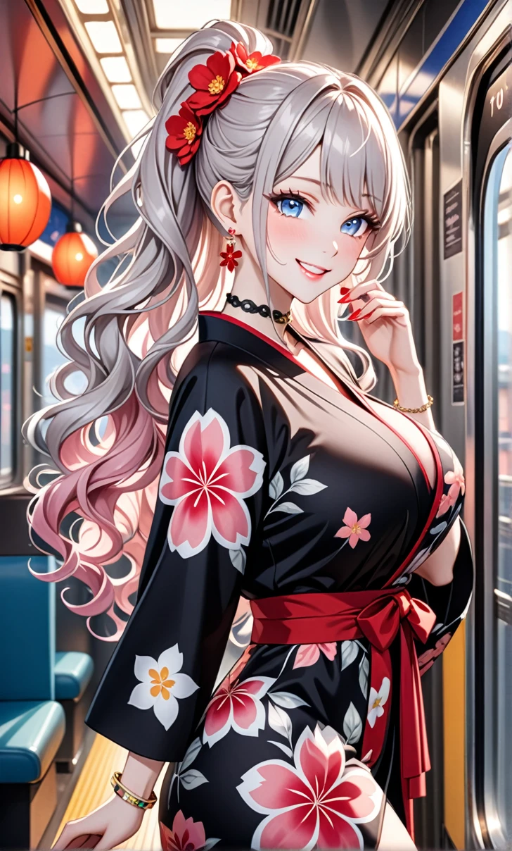 ultra-detailed, ((one girl)), (pale skin:1.4), in pastel colors gyaru, (heavy makeup), (professional lighting) hyper detailed, absurdres, 8K, Beautiful Face, (Laugh shyly), ((teasing smile:1.8)), ((Wink:1.7)), (Laugh with your mouth wide open),((Tilt your face:1.6)), View your viewers, ((Bright red cheeks:1.6)),Glossy Red Lips, ((Big Breasts:1.5)), ((undressing:1.2)), noon, Getting off the train , ((Anime style background)),masterpiece, Highest quality, so beautiful,Latest, Complex details, (Pink long nails), (nail art), (ring),(bracelet), (Floral Choker),AI-generated, Complex,High resolution, Highest quality, super high quality,3D Images、3D Images,One person,Pastel silver long hair,(High Ponytail), (wavy hair:1.3), Pastel anime woman posing for a photo, ((Fine grain、blue eyes、glowing eyes:1.4)), (Squint your eyes:1.1),a hyperRealistic , hyperRealistic , Realistic,Anime woman with long pastel white hair, Smooth anime CG art, A girl in a gorgeous black kimono, ((Black long-sleeved kimono)),(Pink large floral pattern), Golden embroidery, Long flower hair ornament,Floral Earrings,Mature Body, tall,Narrow waist, ((look back:1.3)),