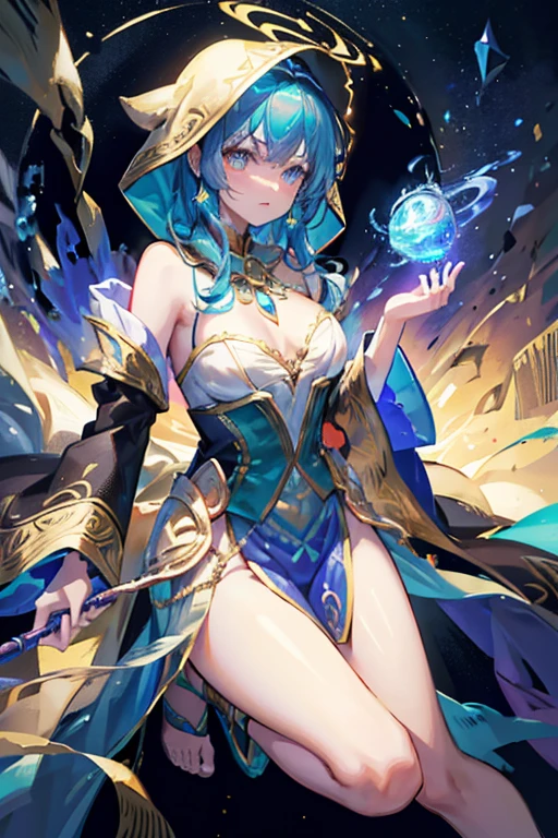 Hooded Cloak: The costume features a hood, adding an air of mystery and elegance. The hood is intricately decorated with gold filigree. Intricate Embroidery: The robe is adorned with gold and turquoise embroidery that highlights the waist, shoulders, and chest areas. These designs give the costume a regal and magical appearance. Flowing Sleeves: The sleeves are wide and bell-shaped, contributing to the ethereal look. They are embellished with the same gold and turquoise patterns as the rest of the outfit. Jewels and Gems: The costume is accented with glowing blue gems that are strategically placed on the chest, waist, and along the sleeves, giving the appearance of magical enhancements. Light and Shimmer: The fabric of the robe appears to be lightweight and shimmery, suggesting a magical or otherworldly material. Accessorized with a Scepter: The character holds a scepter-like object that matches the design of the outfit, further emphasizing the magical theme, full body.