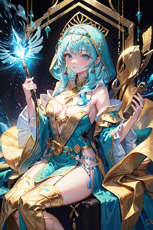 
Hooded Cloak: The costume features a hood, adding an air of mystery and elegance. The hood is intricately decorated with gold filigree. Intricate Embroidery: The robe is adorned with gold and turquoise embroidery that highlights the waist, shoulders, and chest areas. These designs give the costume a regal and magical appearance. Flowing Sleeves: The sleeves are wide and bell-shaped, contributing to the ethereal look. They are embellished with the same gold and turquoise patterns as the rest of the outfit. Jewels and Gems: The costume is accented with glowing blue gems that are strategically placed on the chest, waist, and along the sleeves, giving the appearance of magical enhancements. Light and Shimmer: The fabric of the robe appears to be lightweight and shimmery, suggesting a magical or otherworldly material. Accessorized with a Scepter: The character holds a scepter-like object that matches the design of the outfit, further emphasizing the magical theme, full body.