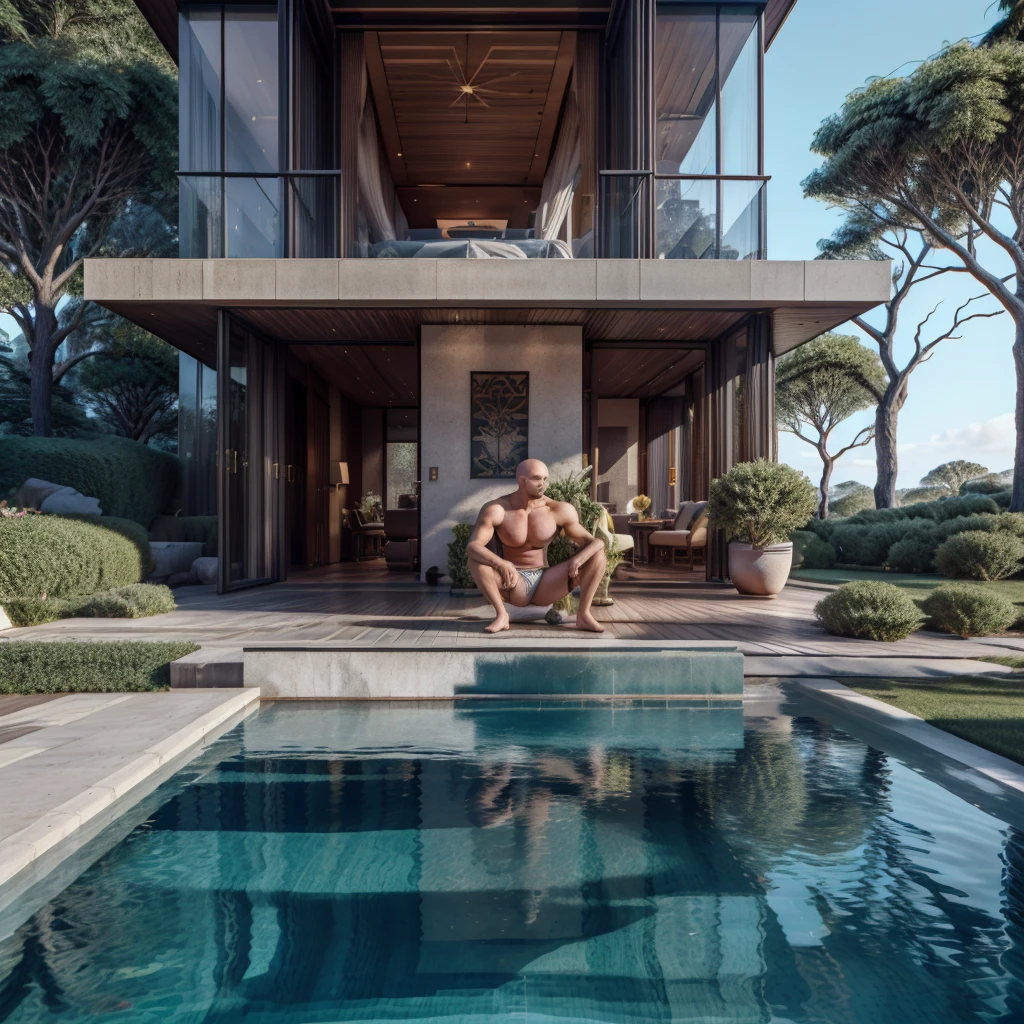 masterpiece, muscle score style, ultra photorealistic, best quality, high resolution, realistic, sharpness, detailed skin pores, real sunlight coming from the windows of a luxurious house, 8k, a man, focus on man, bald man and muscular, very muscular, very tall, pale skin, very tall, American face, muscular body like a god, small waist, dressed in a male bikini, male jewelry on his wrist and is sitting on the edge in the luxurious pool in the backyard that has a beautiful garden with many flowers.