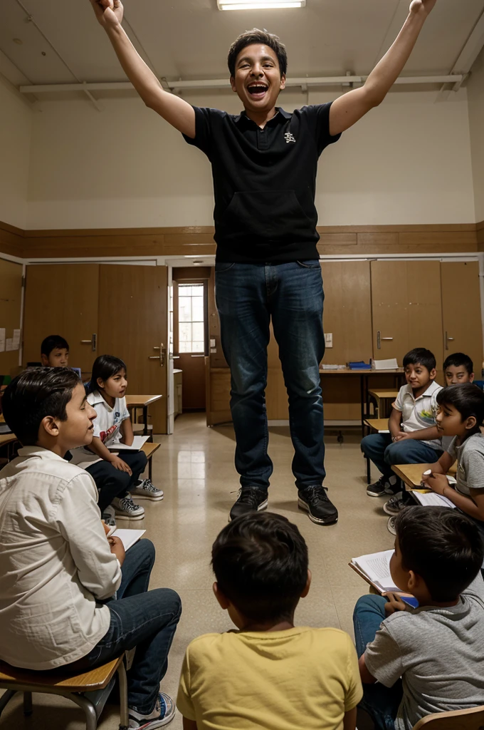 Group of cheerful 8-year-old boys and girls from upper-middle social class with Latin American features receiving English classes in a large classroom learning from their teacher