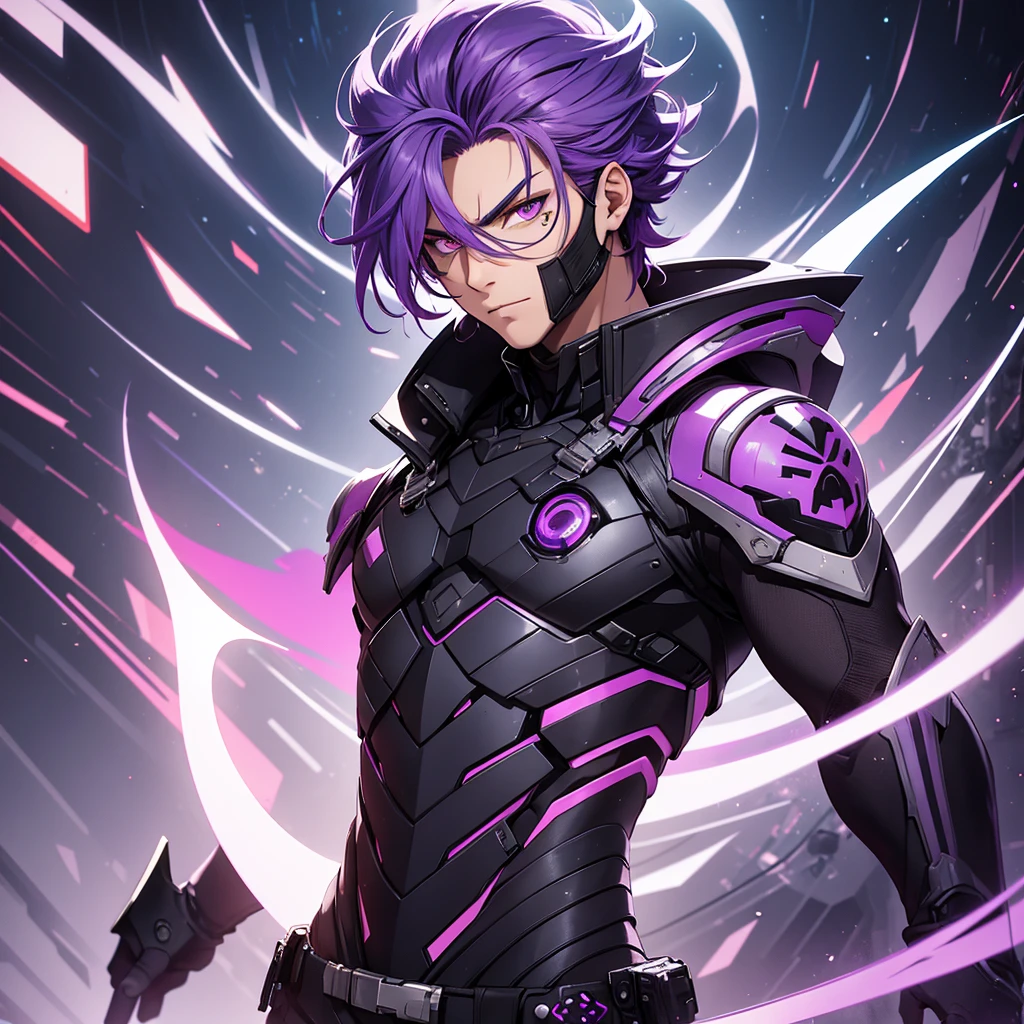 make a man with purple hair. he must have orange eyes and be in a futuristic setting. he must have a mask.