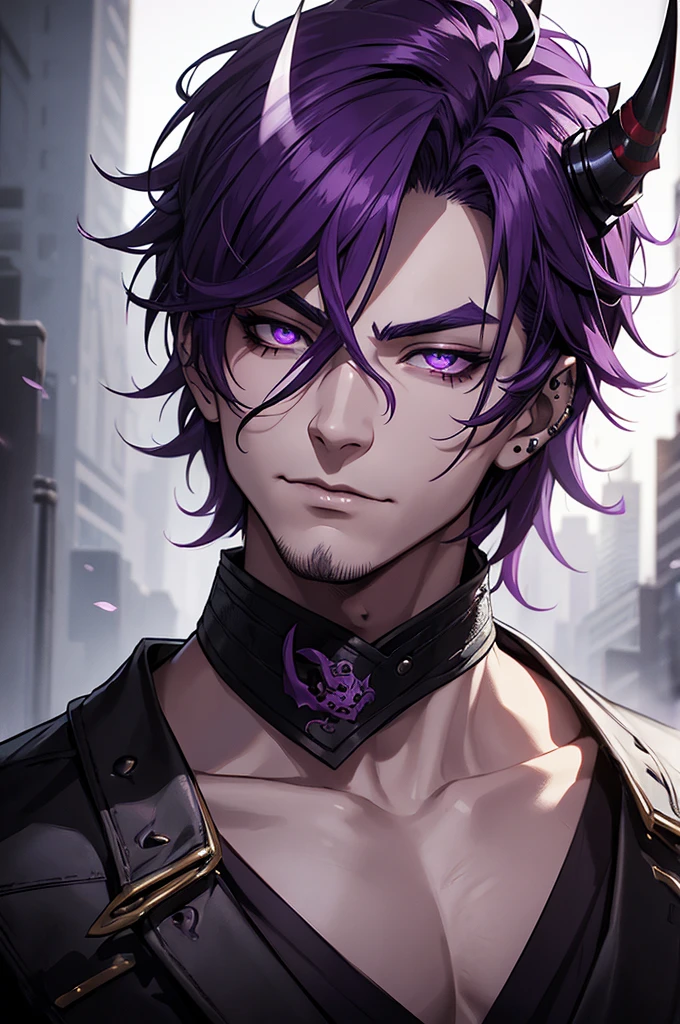 a man with medium purple hair, full-face Hannya mask, detailed face, piercing purple eyes, sharp features, black clothing, dark fantasy, moody lighting, dramatic shadows, cinematic composition, high quality, intricate details, photorealistic