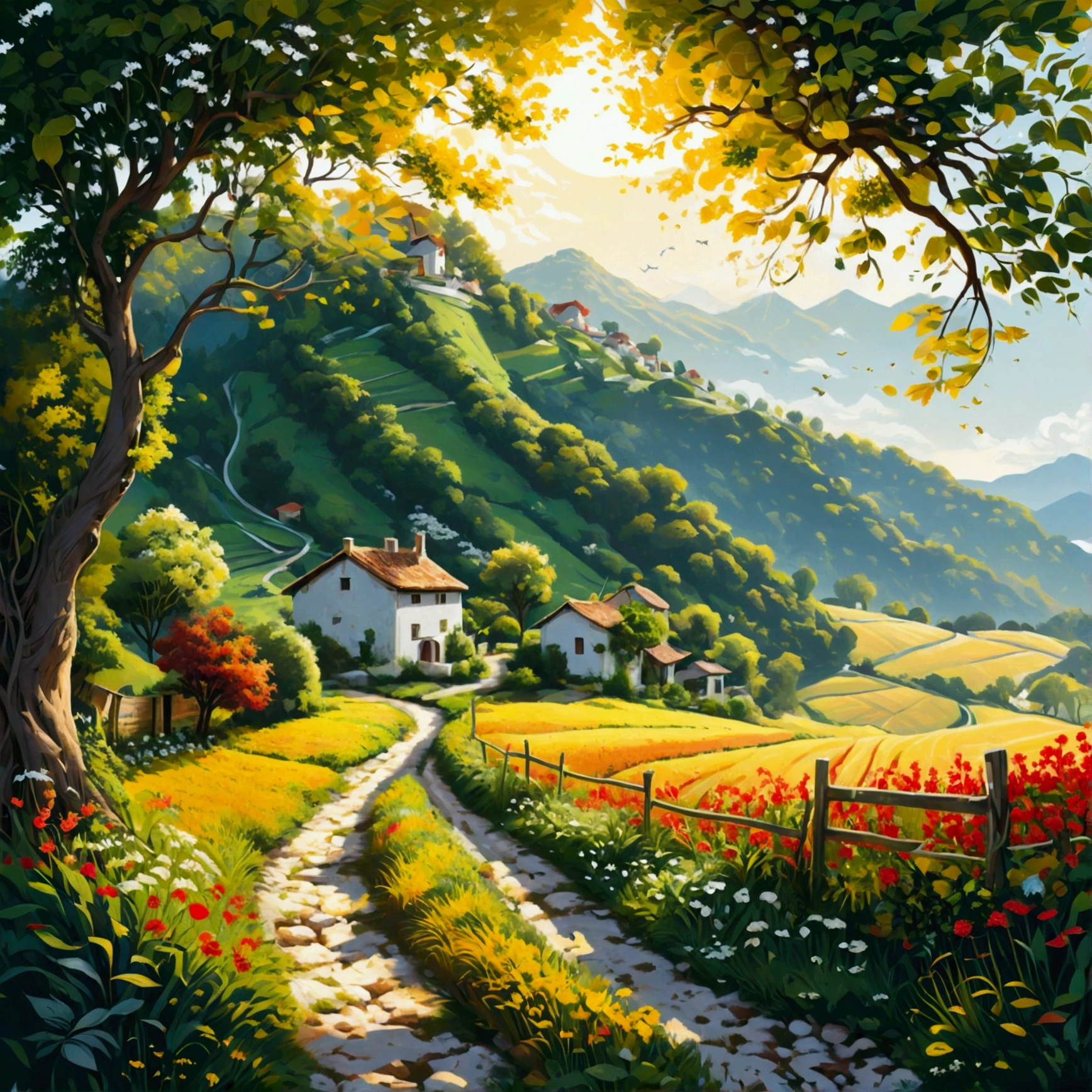 there is a small pathway beside a village, farm field leading into the mountain on the back, the scene is warm and tranquil with morning sun pass through the tree leaves, peaceful, illustration, isolated with solid white background, surrounded with negative space, centered composition, very precise line, Isolated, (((solid white background))), perspective angle of view, (masterpiece), (best quality), Leonardo style, vector art, (lora:Leonardo-illustration:1), vector art, washed out color,