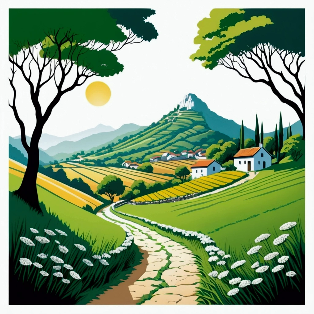 there is a small pathway beside a village, farm field leading into the mountain on the back, the scene is warm and tranquil with morning sun pass through the tree leaves, peaceful, illustration, isolated with solid white background, surrounded with negative space, centered composition, very precise line, Isolated, (((solid white background))), perspective angle of view, (masterpiece), (best quality), Leonardo style, vector art, (lora:Leonardo-illustration:1), vector art, washed out color,