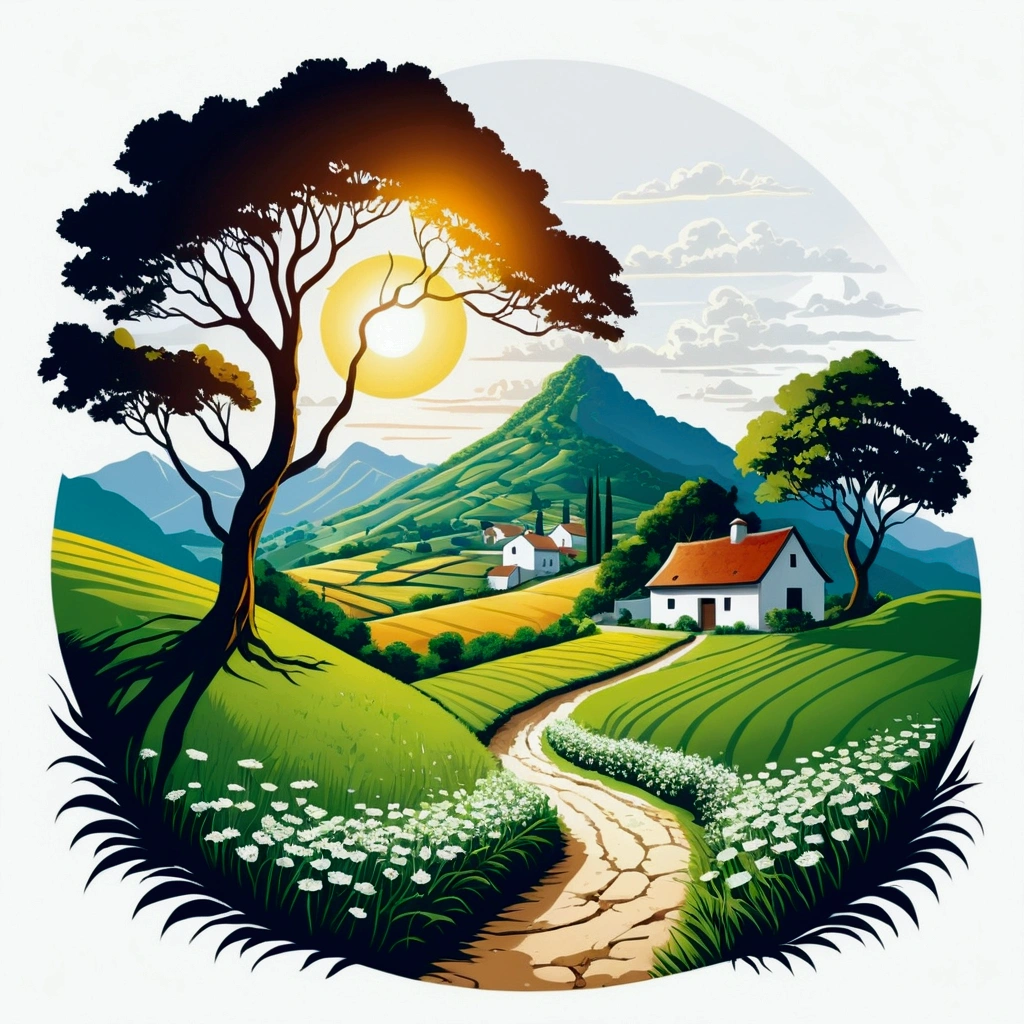 there is a small pathway beside a village, farm field leading into the mountain on the back,  the scene is warm and tranquil with morning sun pass through the tree leaves, peaceful, illustration, isolated with solid white background, surrounded with negative space, centered composition, very precise line, Isolated, (((solid white background))), perspective angle of view, (masterpiece), (best quality), Leonardo style, vector art, (lora:Leonardo-illustration:1), vector art, washed out color,