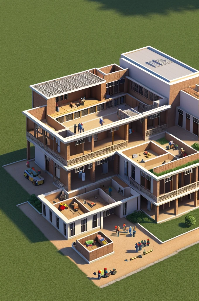 Building the School and Hospital**:
- A 3D illustration of villagers, along with the friends, constructing a new school and a small hospital. The scene is bustling with activity, with some friends carrying bricks, others helping in construction, and villagers working together.