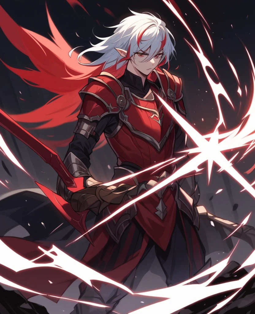 Male,5'4,pierced pointy ears,light skin,red and blue (hetrocromia) eyes, white long hair with red highlights half up half down,red and white armour ,dark magic,on a battlefield with darkness in his eyes as a dark magic aura surrounds him