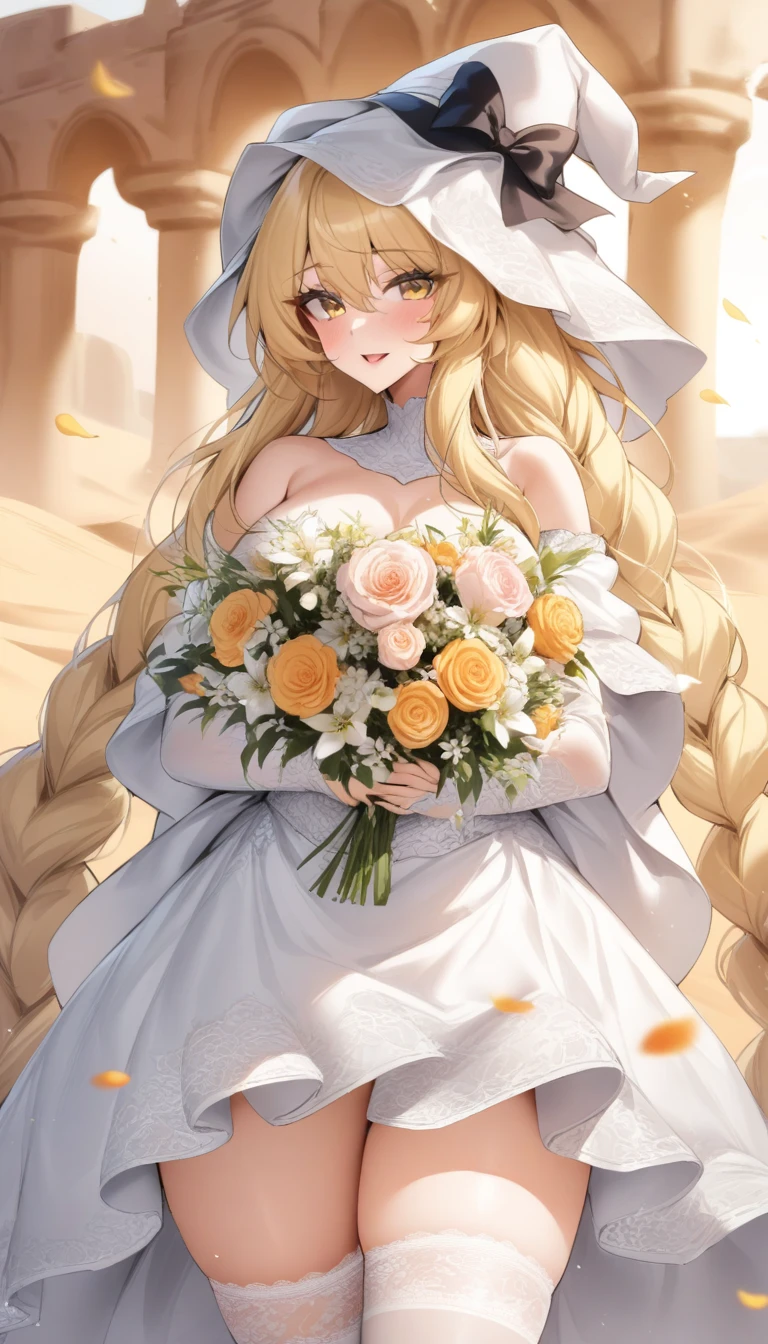 masterpiece, best quality, very aesthetic, absurdres, 1girl, mature_lady, wedding_dress,White lace miniskirt wedding dress, Holding flowers, White lace stockings, wedding hood,  ,touhou, kirisame_marisa, blonde_hair, eyelashes, hair_between_eyes, hair_bow, long_hair, sidelocks, single_braid, very_long_hair, yellow_eyes, black_hat, hat, hat_bow, witch_hat,,in Desert, Desert Princess,surrounding by flowers,falling_petals, outdoors, petals,,,blur background,background defocus,