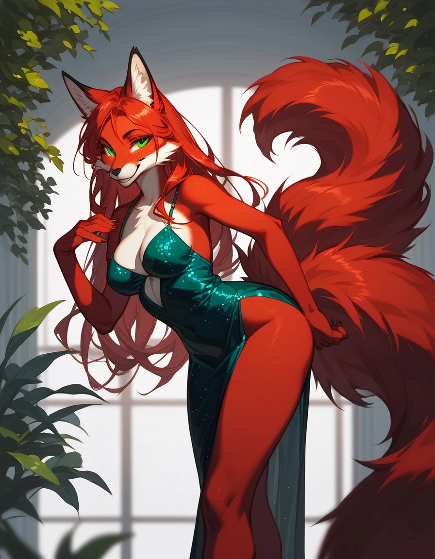 Solo, score_9,score_8_up,score_7_up, source_furry, an Anthro furry red Kitsune, red furry body, long red hair, green eyes, black nose, smiling, elegant pose, standing, bending over