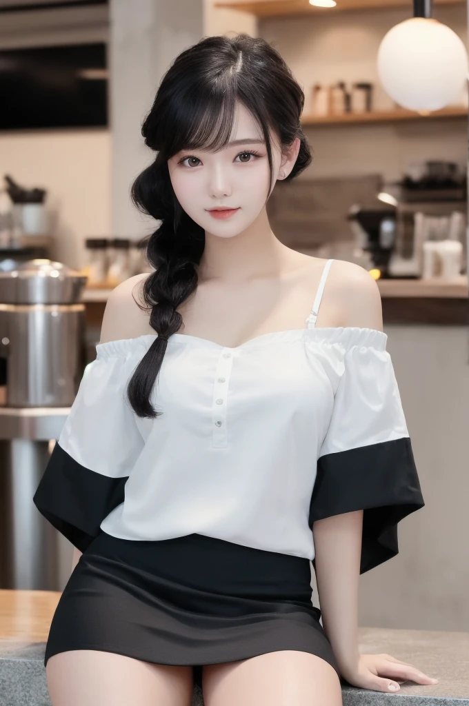 masterpiece: 1.3), (8K, Photorealistic, Raw photography, Best image quality: 1.4), Chubby Chinese girl, 19 years old, (Random hairstyle: 1.2), full body Super Detailed skin Detailed, sharp focus 1.3 beautiful woman : 1.4 light black hair top quality masterpiece、超 High resolution (Photorealistic: 1.4), Slight smile, watch, very detailed and professional lighting Casual off-shoulders Out-shoulders, and black mini skirt, Serious facial expression, Sitting on the coffee shop terr