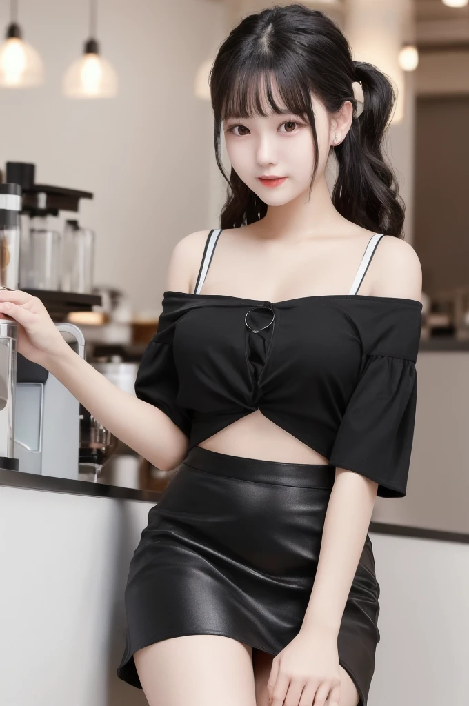 masterpiece: 1.3), (8K, Photorealistic, Raw photography, Best image quality: 1.4), Chubby Chinese girl, 19 years old, (Random hairstyle: 1.2), full body Super Detailed skin Detailed, sharp focus 1.3 beautiful woman : 1.4 light black hair top quality masterpiece、超 High resolution (Photorealistic: 1.4), Slight smile, watch, very detailed and professional lighting Casual off-shoulders Out-shoulders, and black mini skirt, Serious facial expression, Sitting on the coffee shop terr