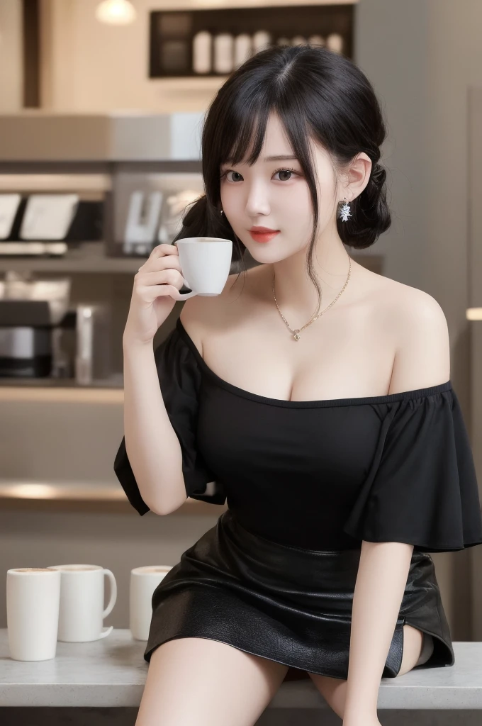 masterpiece: 1.3), (8K, Photorealistic, Raw photography, Best image quality: 1.4), Chubby Chinese girl, 19 years old, (Random hairstyle: 1.2), full body Super Detailed skin Detailed, sharp focus 1.3 beautiful woman : 1.4 light black hair top quality masterpiece、超 High resolution (Photorealistic: 1.4), Slight smile, watch, very detailed and professional lighting Casual off-shoulders Out-shoulders, and black mini skirt, Serious facial expression, Sitting on the coffee shop terr