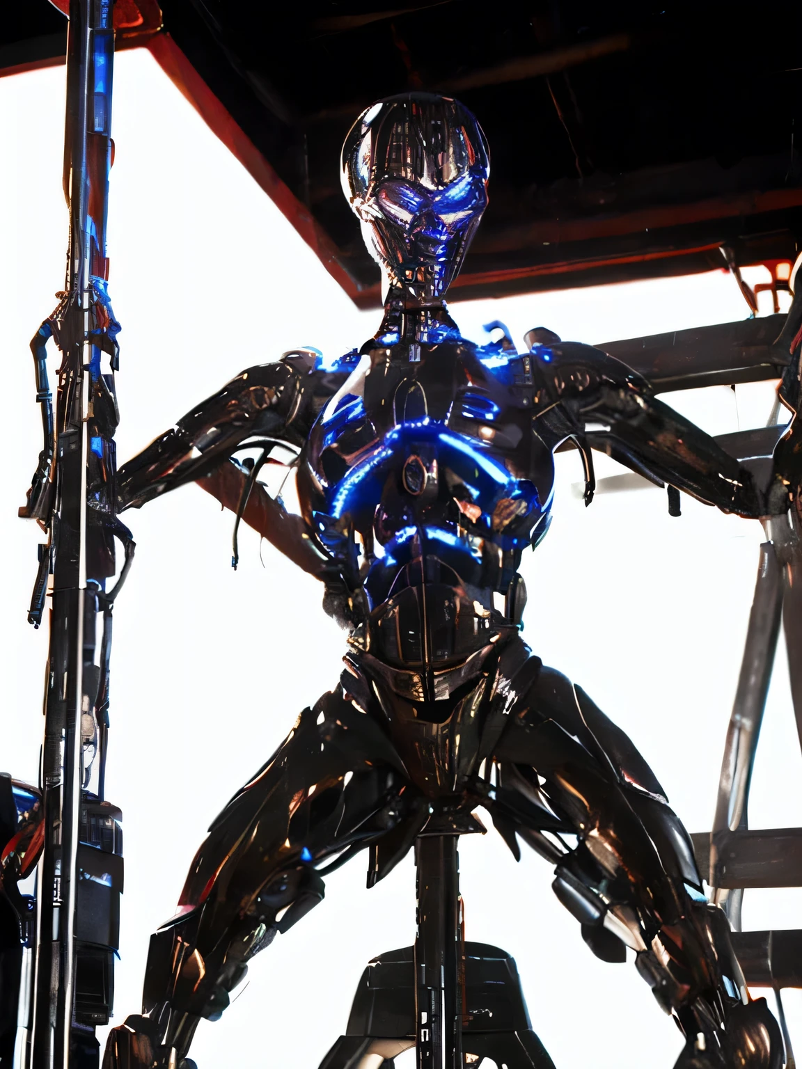terminator 3', 'terminator \(series\)', 'T-X', 'T-X(terminator)', 'endoskeleton', 'chrome metal', '(metal skin:1.4)', Pole dancing, 'sexy' '(glowing pupils:1.3)', 'blue pupils', '(robot joints:1.3)',