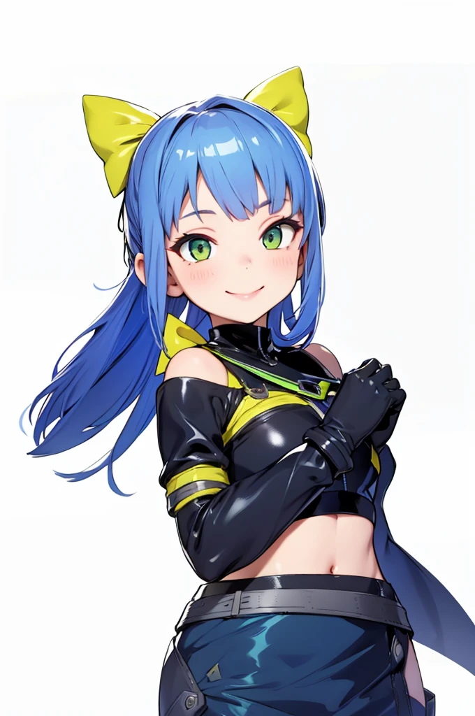 beautiful girl,smile,happy,Black Gloves,Slim fit,Green Eyes,Blue Hair,Yellow ribbon,4K,8K,Highest quality