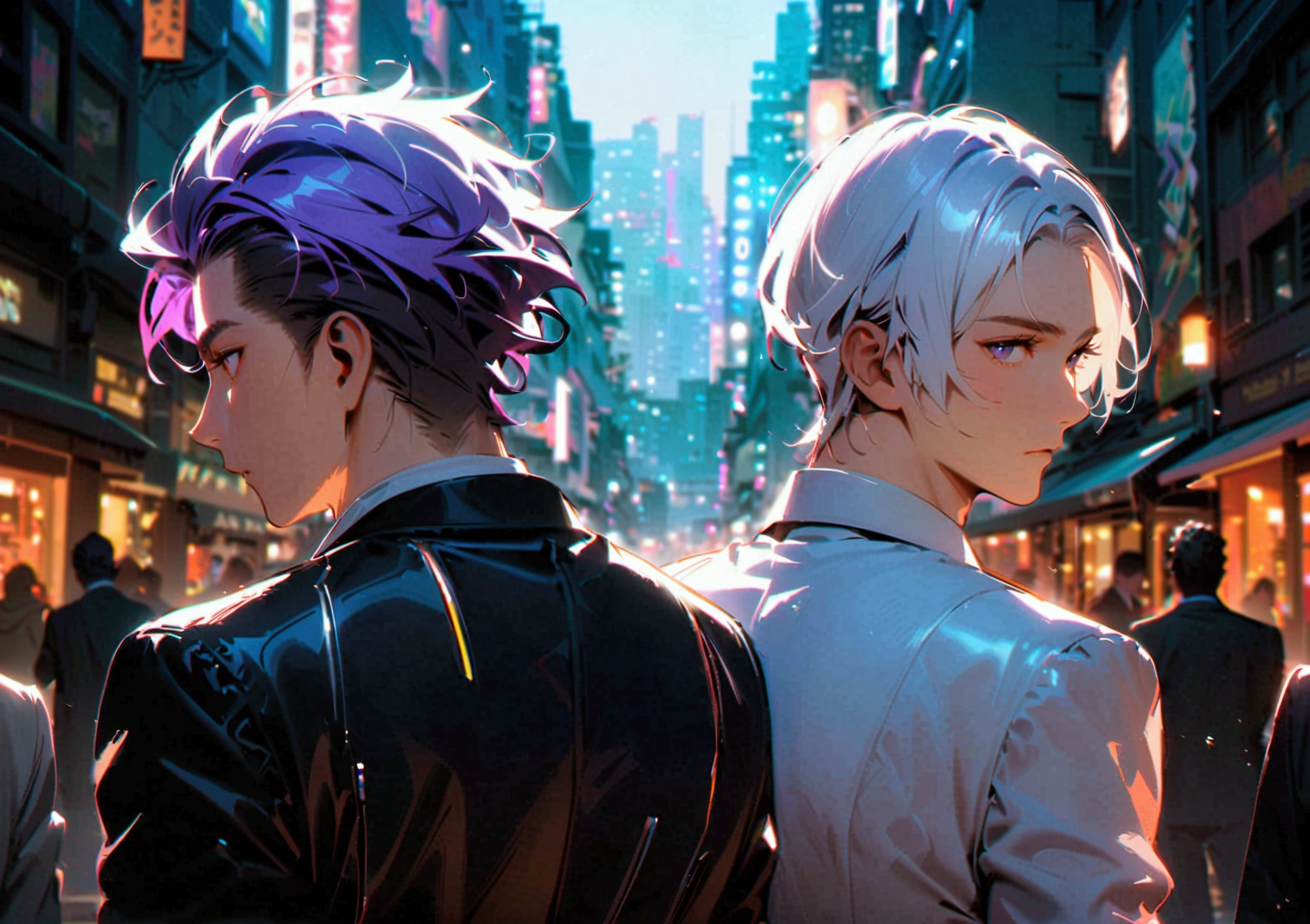 3 men with white hair, 1 man with black hair, 1 man in a black suit with purple hair, 1 man in a white suit standing in a group of 3 with their backs turned in the middle of the city at night.