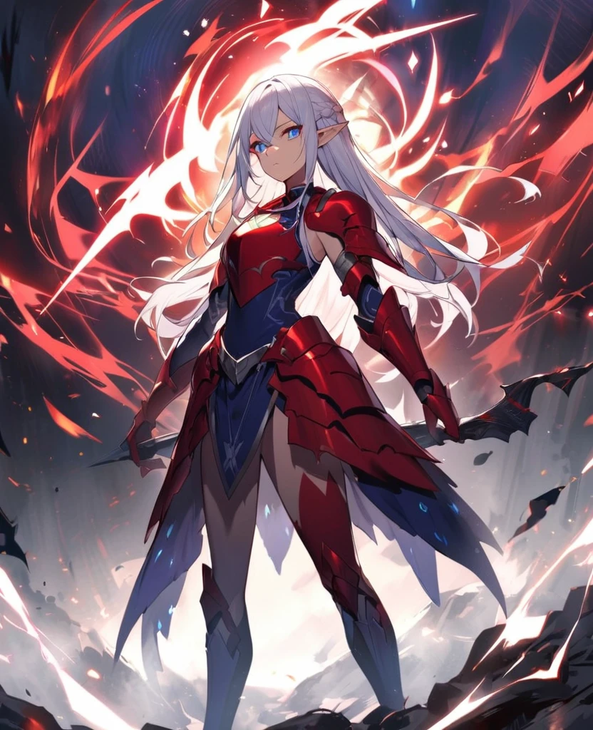 Female,5'4,pierced pointy ears,light skin,red and blue (hetrocromia) eyes, white long hair with red highlights half up half down,red and white armour ,dark magic,on a battlefield with darkness in her eyes as a dark magic aura surrounds her