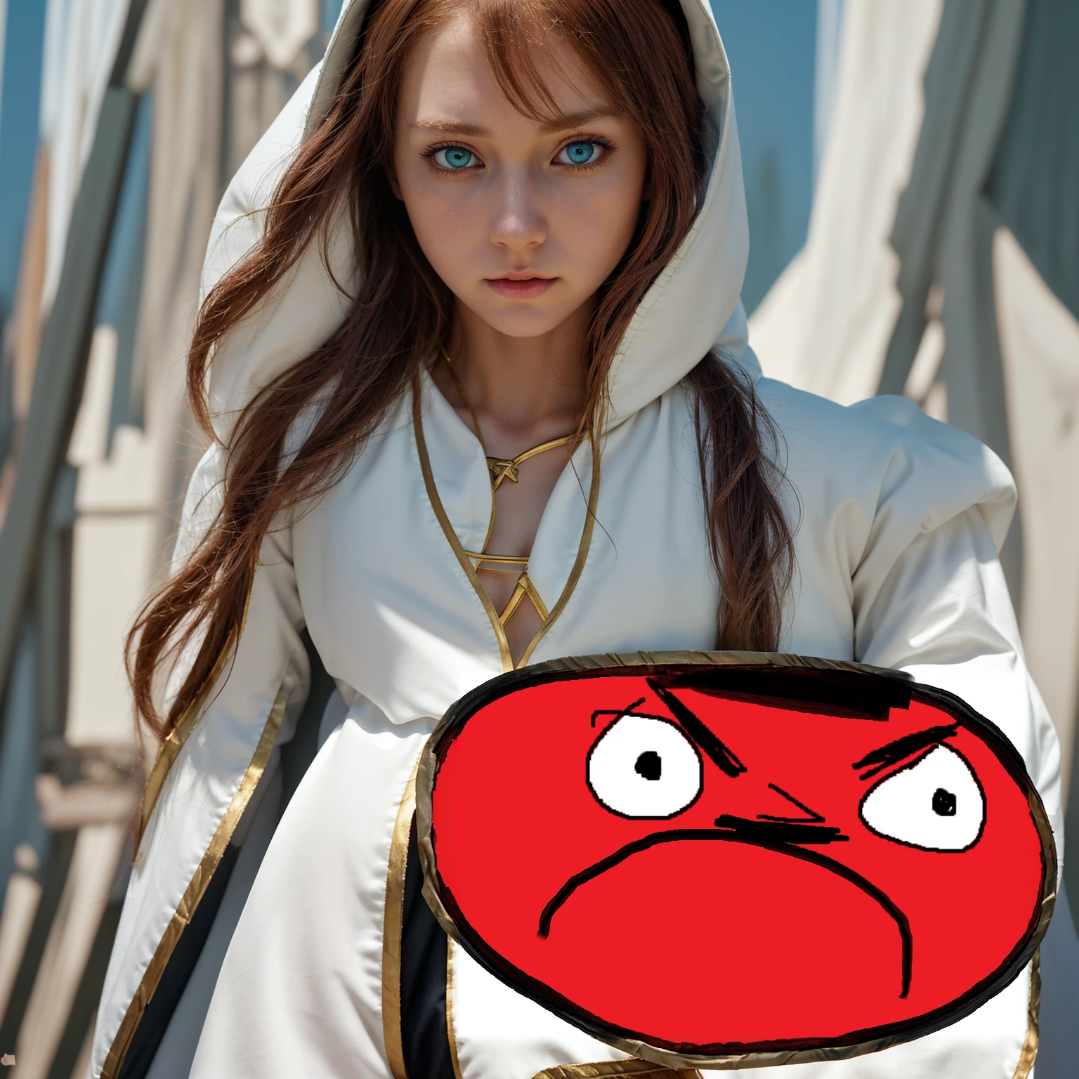 Full-length shot of Princess Zelda., Brown hair, Blue eyes, dressed as an assassin from Assassins Creed, in white+gold with white mask and hood with gold details, XL bust, using a blade on your wrist. Background: The city during the Renaissance. Unreal engine 5, Anime, Anime style, masterpiece, Well-drawn eyes, A well-drawn face, well detailed eyes, A well-detailed face, 8 k, light and shadow effect.