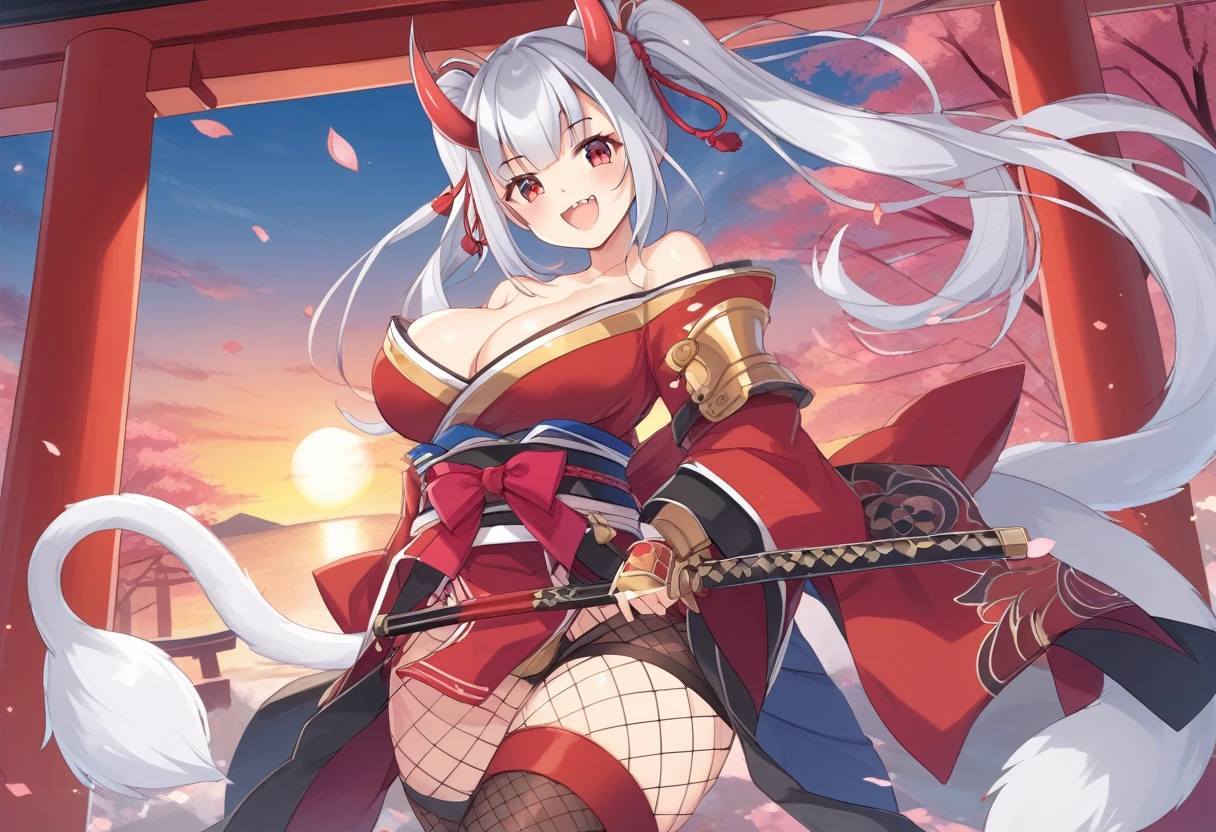 (holding a Japanese-style fan)、(red cat eyes)、Solo,Silver hair、(twin tail hair:1.5)、(ONI horns)、girl with horns、(SAMURAI),High Leg Armor、(((Japanese armor)))、(((Fishnet tights)))、cleavage、big breasts、 ferocious smile,open your mouth and laugh、fang、Japanese shrines、torii、sunset time
