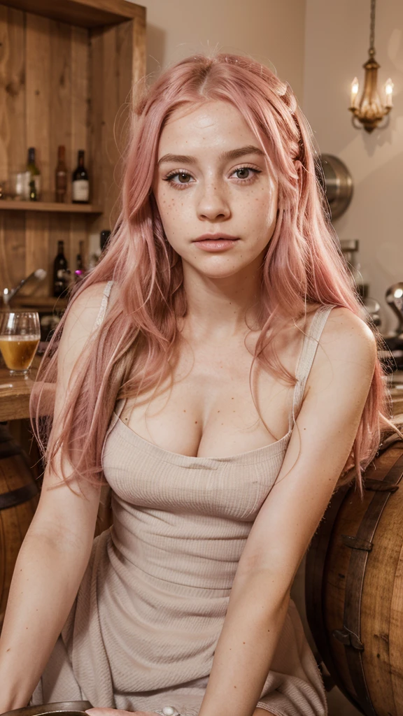 in resturant, classic clothes,pink hair, long hair, Beautiful woman,fluffy dress, wart under the lip, freckles on the face, barrel opening 1.8 35mm lenses, glare eyes, happy facial expression, wart above the upper lip, full lip