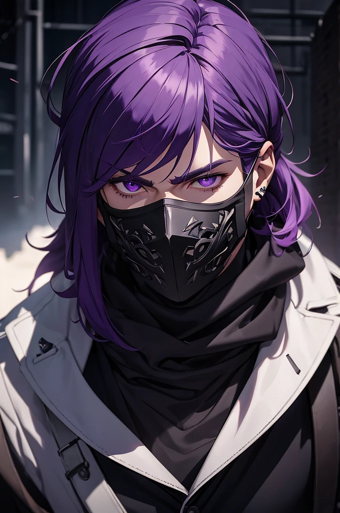 a man with medium purple hair, covering his face with a mask, detailed face, piercing purple eyes, sharp features, black clothing, dark fantasy, moody lighting, dramatic shadows, cinematic composition, high quality, intricate details, photorealistic