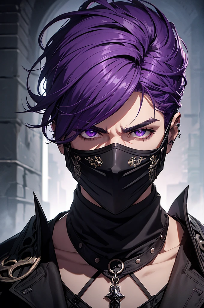 a man with medium purple hair, covering his face with a mask, detailed face, piercing purple eyes, sharp features, black clothing, dark fantasy, moody lighting, dramatic shadows, cinematic composition, high quality, intricate details, photorealistic