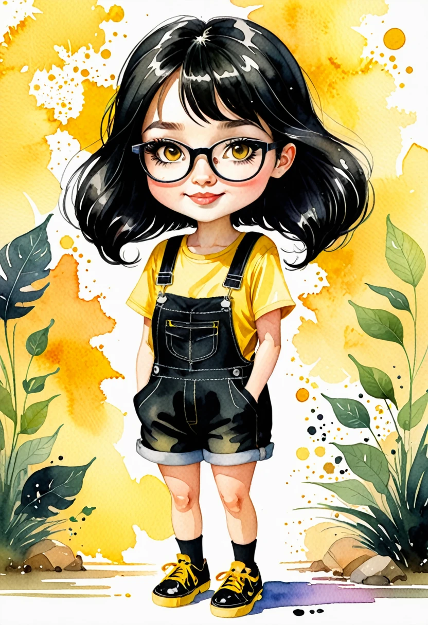 watercolor illustration. Chibi, very kawaii style of a charming Russian cartoon girl is confident. Her straight black hair frames her face, glasses, adorned with large, expressive eyes and a cheerful smile. She is dressed in a black t-shirt and yellow overalls and black shoes. adding a touch of color to the scene. She is standing looking straight ahead. The simplicity of the background puts the focus entirely on her, making her the undeniable star of this image. by David Mack and David McBride