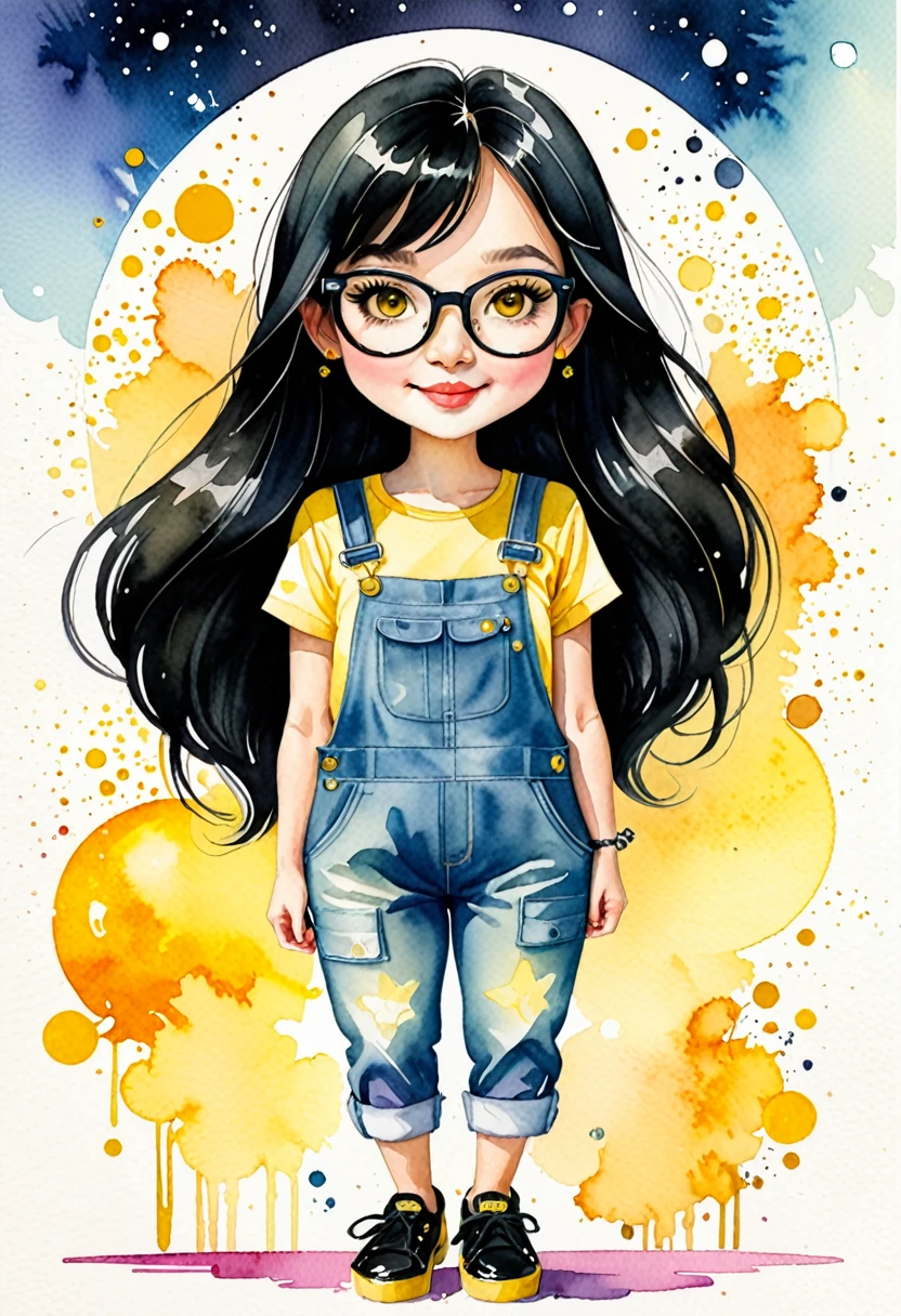 watercolor illustration. Chibi, very kawaii style of a charming Russian cartoon girl is confident. Her straight black hair frames her face, glasses, adorned with large, expressive eyes and a cheerful smile. She is dressed in a black t-shirt and yellow overalls and black shoes. adding a touch of color to the scene. She is standing looking straight ahead. The simplicity of the background puts the focus entirely on her, making her the undeniable star of this image. by David Mack and David McBride
