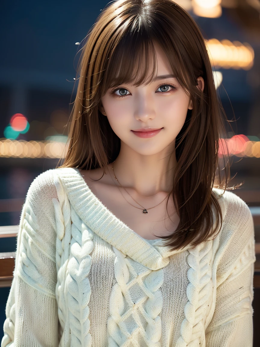 1 girl,(ivory sweater:1.4),(necklace around neck:1.2), (RAW photo, highest quality), (realistic, Photoreal:1.4), table top, very delicate and beautiful, very detailed, 8k wallpaper, wonderful, finely, very detailed CG Unity, High resolution, soft light, Beautiful detailed 19 year old girl, very detailed目と顔, beautifully detailed nose, Finely beautiful eyes,cinematic lighting,night city lights,perfect anatomy,slender body,smile  (asymmetrical bangs, light brown hair,)