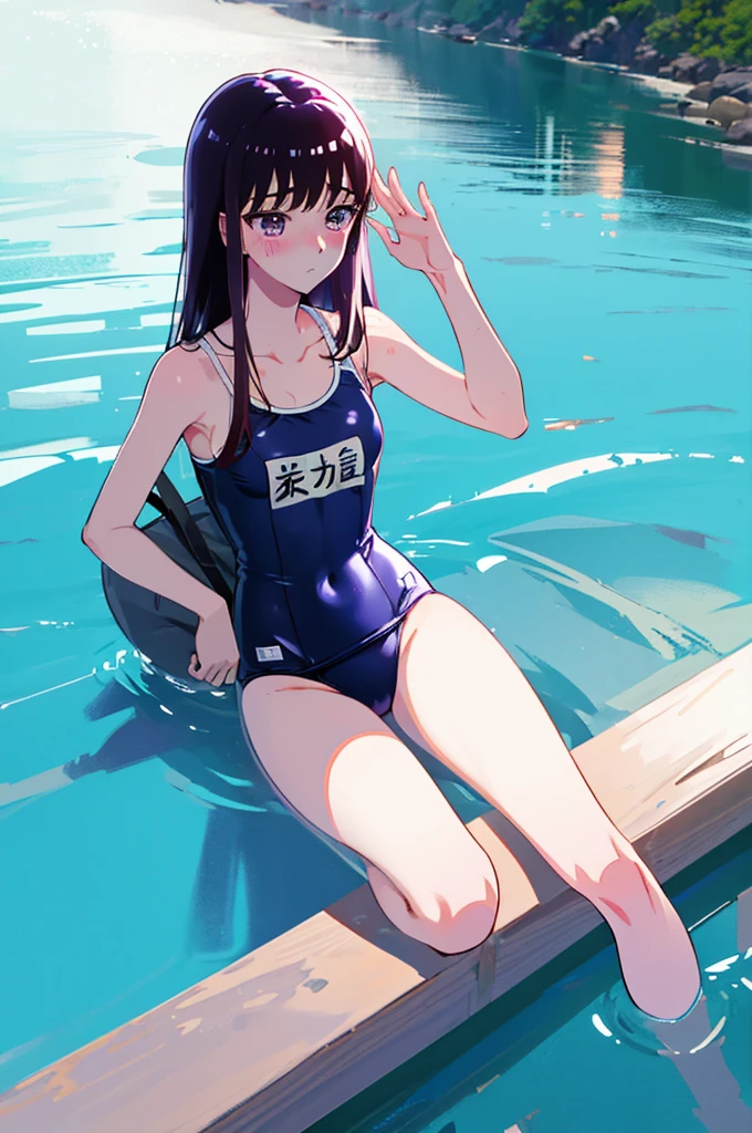 School Swimsuit,,Blushing、Pale brown eyes、Dark purple hair、Semi-long hair、Head to toe full body、Blushing、Embarrassed look、Composition from the front、A view from slightly below、school swimwear、Acme Face、Random pose、, 、nsfw、Highest quality、1 girl、solo、Ocean、Sandy Beach、Sexy pose、Random pose、Blushing、Wet、Embarrassed、I can see half of my 、、One piece swimsuit、(Strap slip:1.3)、School Swimsuit
