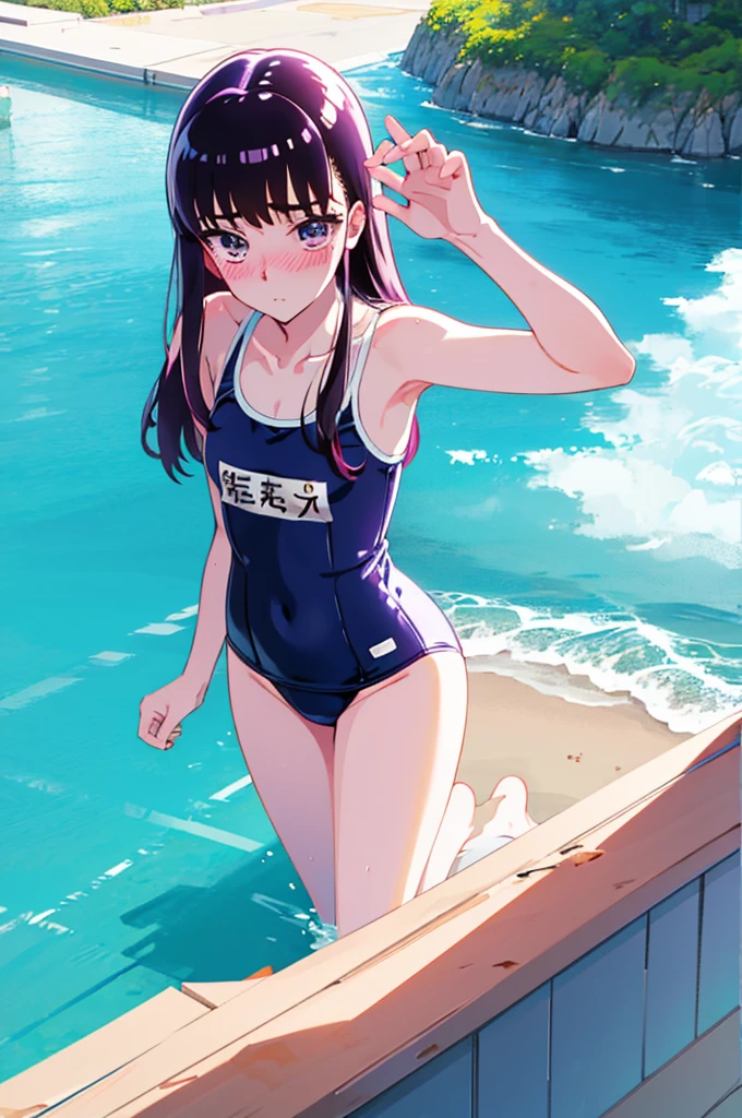 School Swimsuit,,Blushing、Pale brown eyes、Dark purple hair、Semi-long hair、Head to toe full body、Blushing、Embarrassed look、Composition from the front、A view from slightly below、school swimwear、Acme Face、Random pose、, 、nsfw、Highest quality、1 girl、solo、Ocean、Sandy Beach、Sexy pose、Random pose、Blushing、Wet、Embarrassed、I can see half of my 、、One piece swimsuit、(Strap slip:1.3)、School Swimsuit
