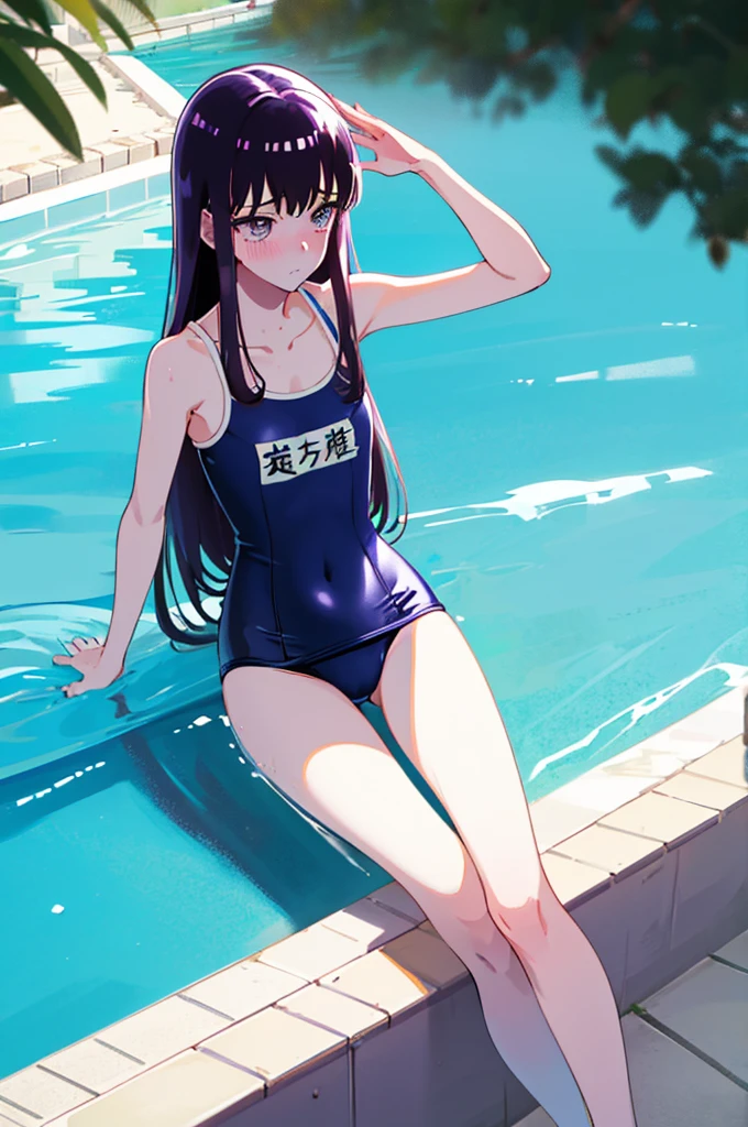 School Swimsuit,,Blushing、Pale brown eyes、Dark purple hair、Semi-long hair、Head to toe full body、Blushing、Embarrassed look、Composition from the front、A view from slightly below、school swimwear、Acme Face、Random pose、, 、nsfw、Highest quality、1 girl、solo、Ocean、Sandy Beach、Sexy pose、Random pose、Blushing、Wet、Embarrassed、I can see half of my 、、One piece swimsuit、(Strap slip:1.3)、School Swimsuit
