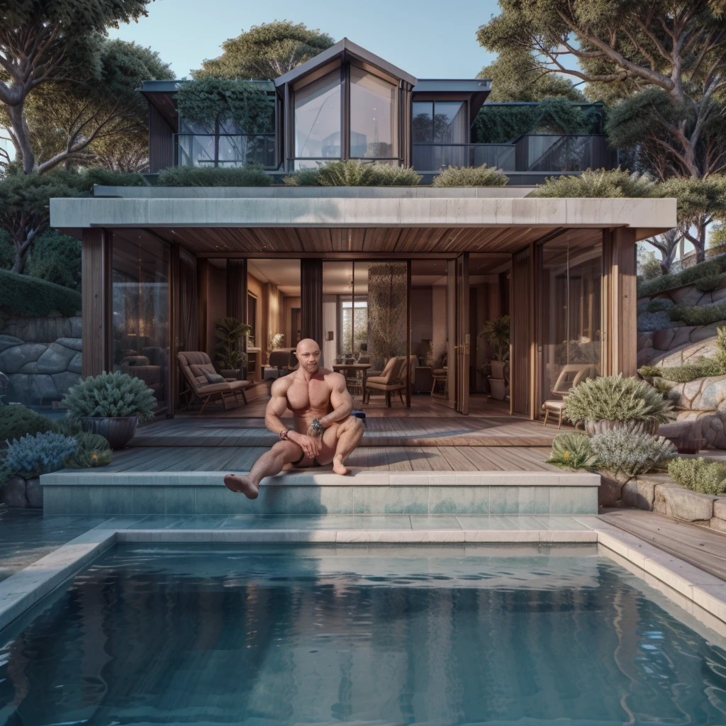 masterpiece, muscle score style, focus on men, ultra photorealistic, best quality, high resolution, realistic, sharpness, detailed skin pores, real sunlight coming from the windows of a luxurious house, 8k, a man, focus on man, bald man and muscular, very muscular, very tall, pale skin, very tall, American face, muscular body like a god, small waist, dressed in a male bikini, male jewelry on his wrist and is sitting on the edge in the luxurious pool in the backyard that has a beautiful garden with many flowers.
