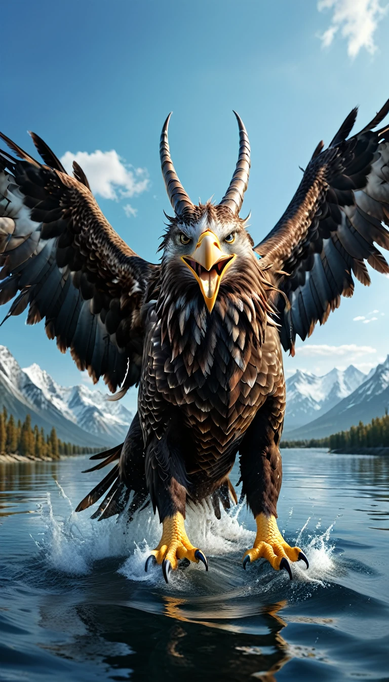 Panorama,There is a beast on the water,Looks like an eagle,The head has double horns(best quality,4K,8K,High level,masterpiece:1.2),Ultra Detailed,(lifelike,Photo real,Photo real:1.37),Highly detailed animals,Complex patterns,Realistic lighting,Fantasy Creatures