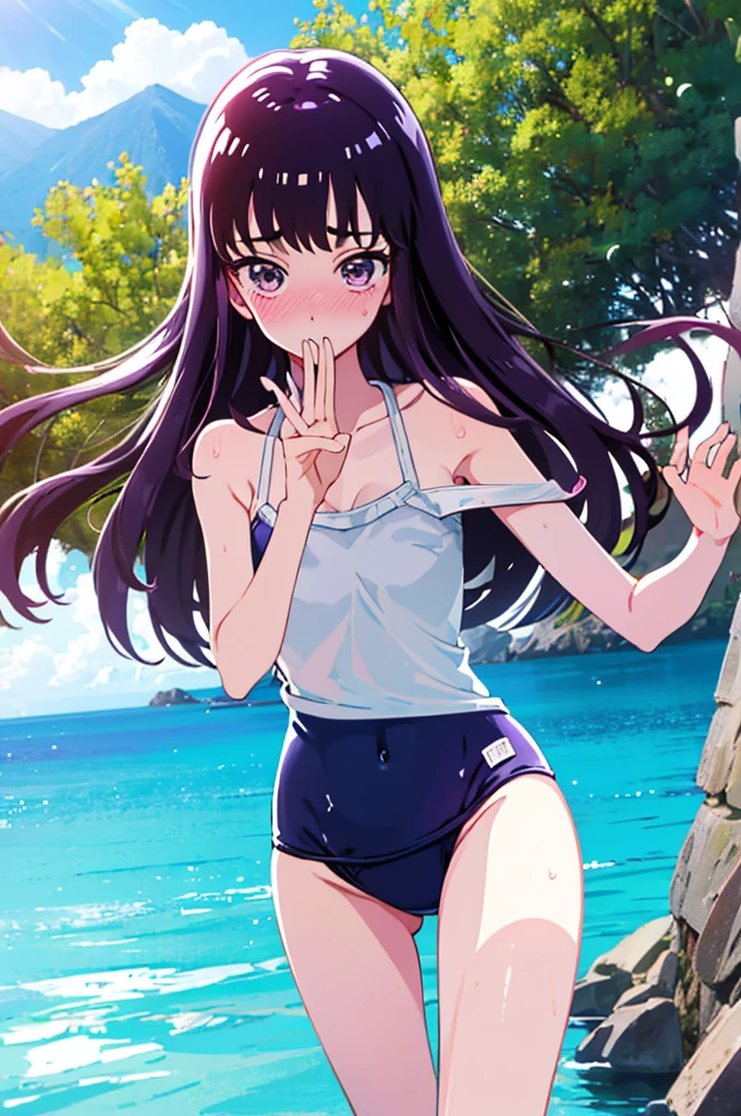 School Swimsuit,,Blushing、Pale brown eyes、Dark purple hair、Semi-long hair、Head to toe full body、Blushing、Embarrassed look、Composition from the front、A view from slightly below、school swimwear、Acme Face、Random pose、, 、nsfw、Highest quality、1 girl、solo、Ocean、Sandy Beach、Sexy pose、Random pose、Blushing、Wet、Embarrassed、I can see half of my 、、One piece swimsuit、(Strap slip:1.3)、School Swimsuit
