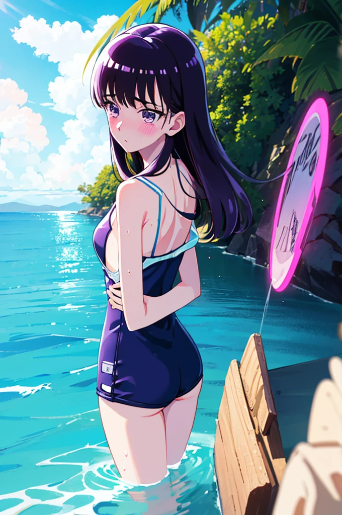 School Swimsuit,,Blushing、Pale brown eyes、Dark purple hair、Semi-long hair、Head to toe full body、Blushing、Embarrassed look、Composition from the front、A view from slightly below、school swimwear、Acme Face、Random pose、, 、nsfw、Highest quality、1 girl、solo、Ocean、Sandy Beach、Sexy pose、Random pose、Blushing、Wet、Embarrassed、I can see half of my 、、One piece swimsuit、(Strap slip:1.3)、School Swimsuit
