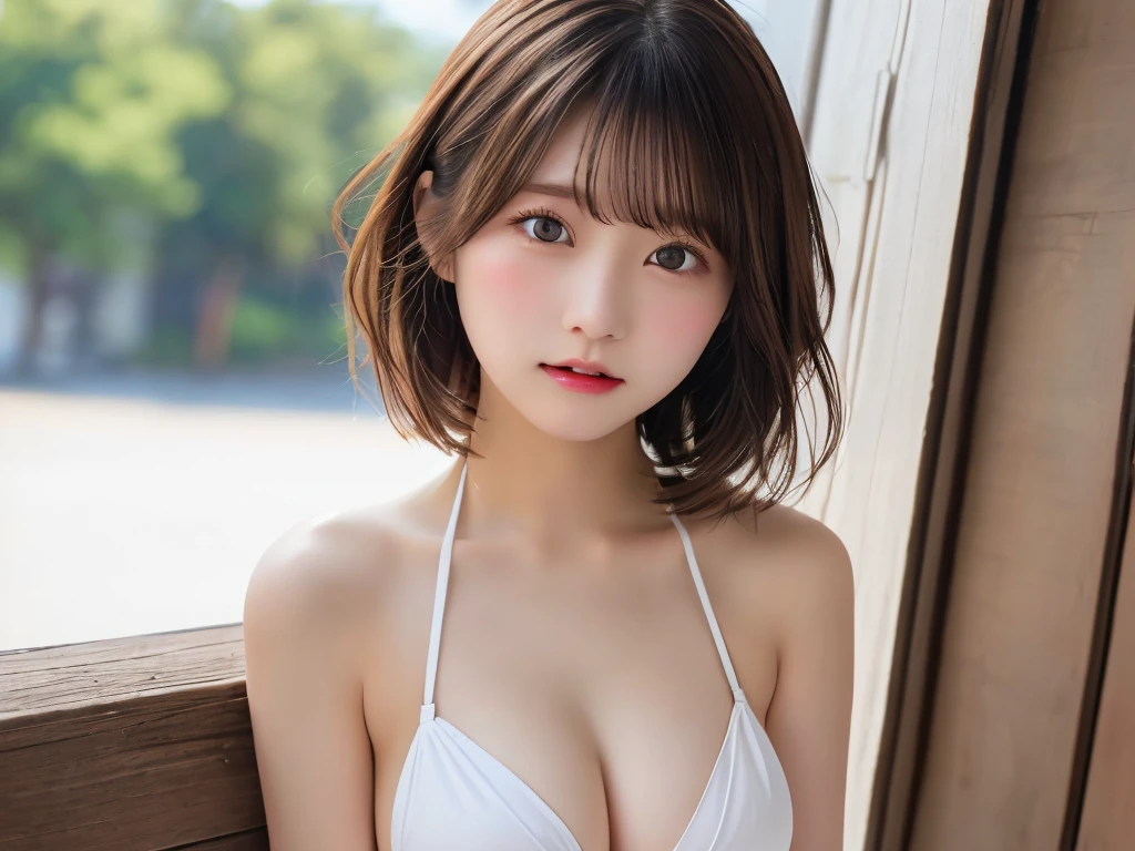 (8K.Highest quality), (beautiful)、Very delicate eyes、Brown eyes、22-year-old female、Brown Hair、Embarrassed、Looking into the camera、Semi-short hair、Gal、Soft boobs、Open your mouth、Micro Bikini、solo、Fine skin、Prone、Head to waist
