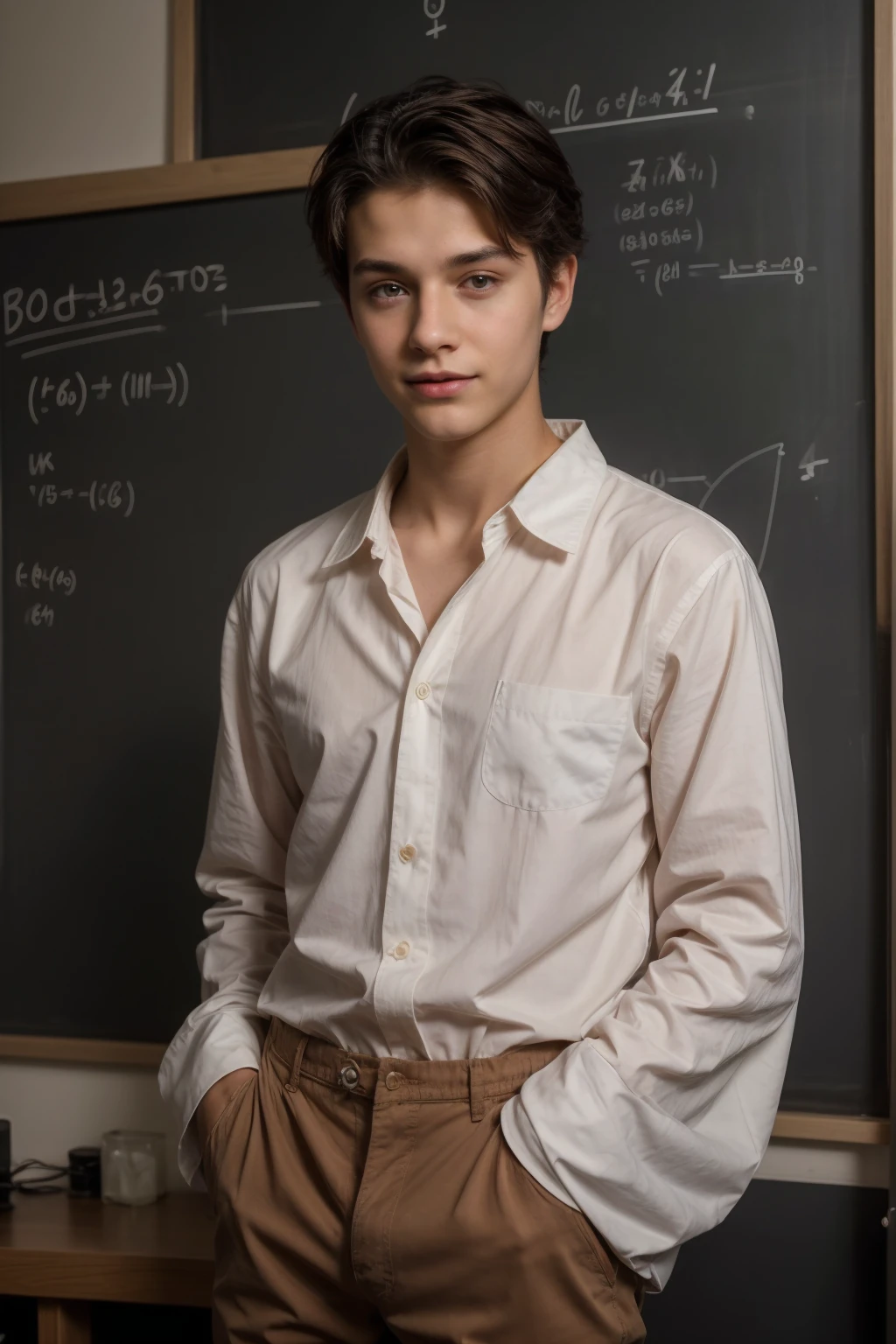 A beautiful young male twinks with black hair, wearing a long-sleeved white cotton shirt and brown pants. He is in his scientific office, and behind him is a blackboard with calculus written on it. He looks on proudly, with a face with reddish makeup.