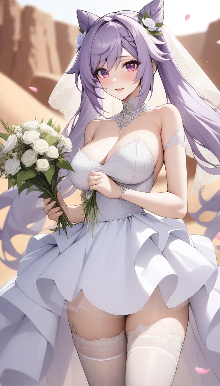 masterpiece, best quality, very aesthetic, absurdres, 1girl, mature_lady, wedding_dress,White lace miniskirt wedding dress, Holding flowers, White lace stockings, wedding hood,  ,keqing,keqing(genshin impact), purple hair,purple eyes,lozenge pupil,diamond eyerings,twintails,medium breasts,bun,bang,in Desert, Desert Princess,surrounding by flowers,falling_petals, outdoors, petals,,,blur background,background defocus,