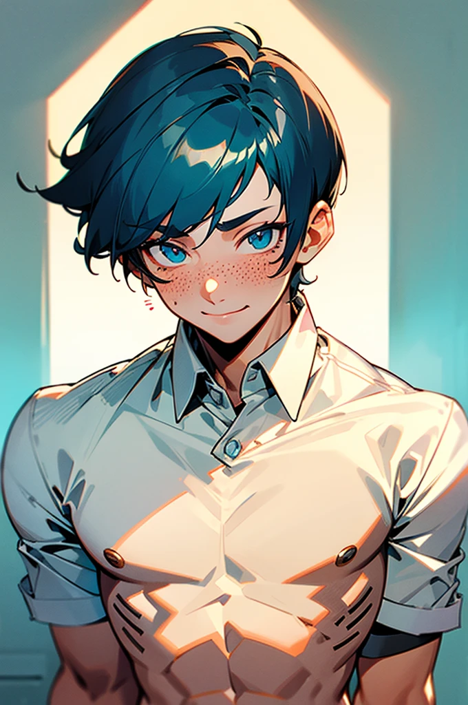 2 male, tall, blonde spiky curly hair, cyan eyes, freckles, normal amount of muscles, cute smile, blush, classroom background, white shirt, manly face / very short bowlcut cut hair, twink male, dark blue hair and eyes, multiple beauty marks on face, cute shy smile, feminen body with male parts, no muscles, blush, young male, no , no tits