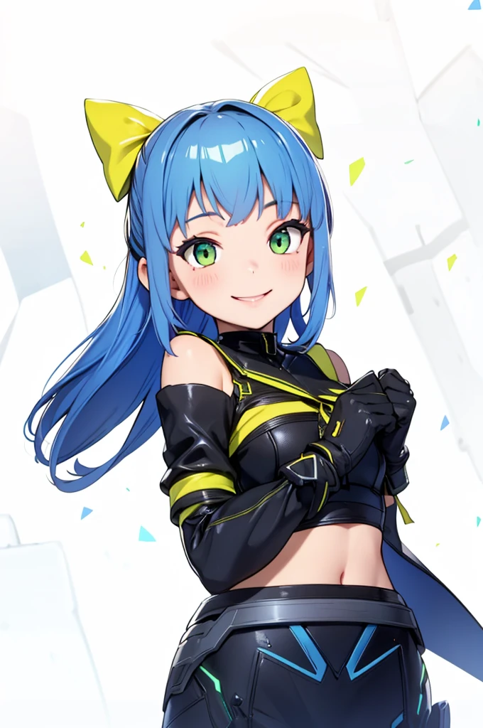 beautiful girl,smile,happy,Black Gloves,Slim fit,Green Eyes,Blue Hair,Yellow ribbon,4K,8K,Highest quality