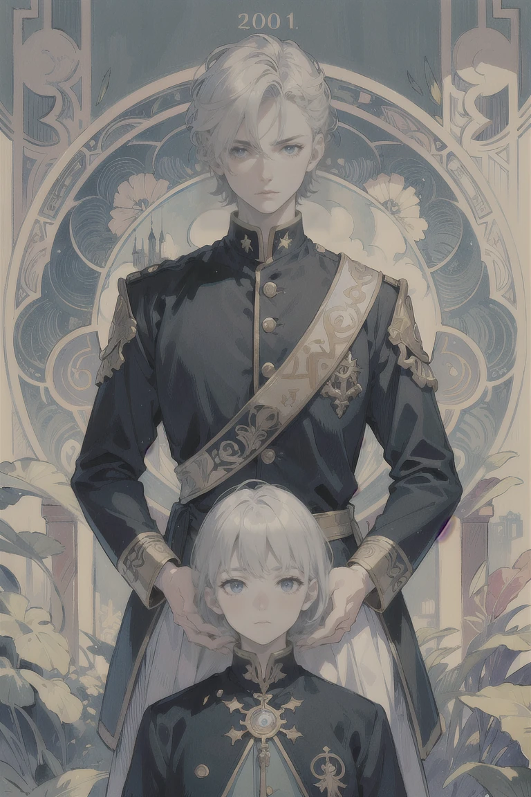 ((Highest quality)), ((masterpiece)), (detailed), 1 male, Adult, \(Tarot\),Symbolism,Visual Arts,occult,universal,Vision Casting,philosophical,Iconography,Number secrets,Popularity,Artistic, Alphonse Mucha, Silver Hair,Beautiful young man,(Short hair that is not trimmed),Bangs sideways flowing,blue eyes,2 block haircuts,Cold Stare,(uniform),20-year-old male,adult,The color is clear