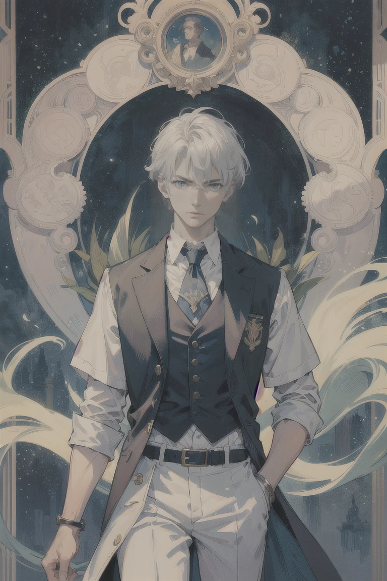 ((Highest quality)), ((masterpiece)), (detailed), 1 male, Adult, \(Tarot\),Symbolism,Visual Arts,occult,universal,Vision Casting,philosophical,Iconography,Number secrets,Popularity,Artistic, Alphonse Mucha, Silver Hair,Beautiful young man,（Short hair that is not trimmed）,Bangs sideways flowing,blue eyes,2 block haircuts,Cold Stare,(uniform),20-year-old male,adult,The color is clear