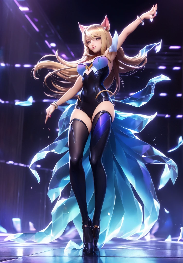 ((Full-length photo, standing, feet on the ground)) kda_Ahri, dancing, sedutor smile,, (aclamado, atraente, Cativante, excitante, maravilhoso, impressionante:1.3), sedutor, (trends at CGSociety, trends on pixiv, vencedor do concurso:1.3)