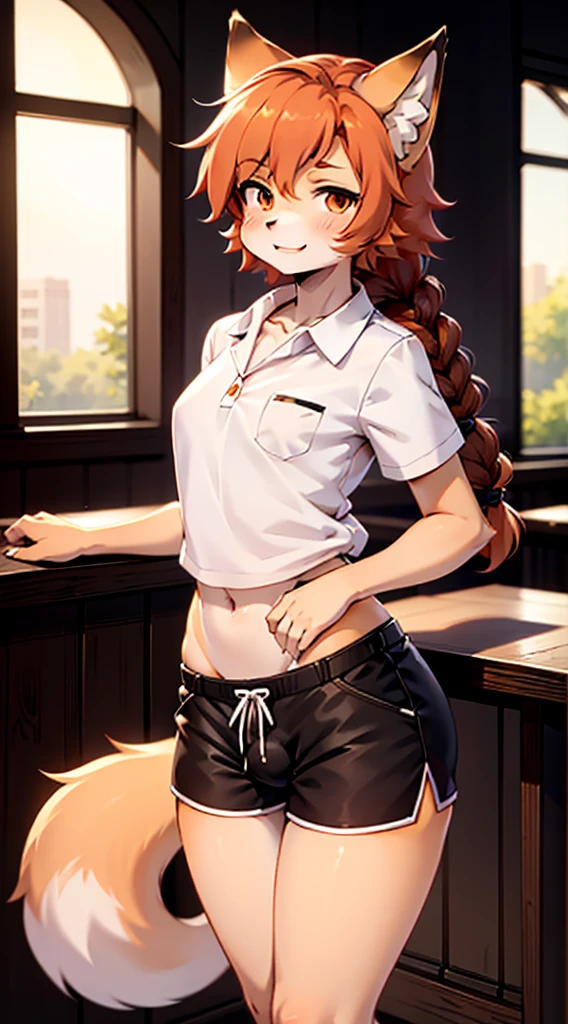 Japanese style high school shirt，cute男孩子，furry，furry，hairy，furry，hairy，furry，Body hair，Hair covers the whole body，Gentle smile，shota，Anthropomorphic Fox，Fox Girl，小braid，braid，Youthful feeling，Close-up above the waist，Hip bulge，Bulge between the thighs，Hip bulge，cute，Orange hair，Orange hair all over body，全身Orange hair，Japanese school uniform shirt，shorts，shorts，Big butt，Petite figure，Thin waist，Slim figure，Classroom Background，Indoor background，Campus style，individual，individual，individual，Q version style，American anime style，femboy，femboy，Oval face