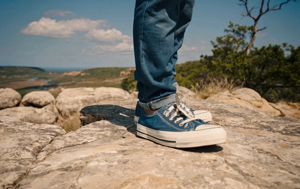 araffed view of a person standing on a rock with a pair of shoes, standing on the rocky ground, standing on a rock, standing on the rock, blue jeans and gray sneakers, standing on the edge of a cliff, standing on a cliff, Skinny blue jeans and cool shoes., standing on a cliffside, standing on the mountain, Stand on stone floor