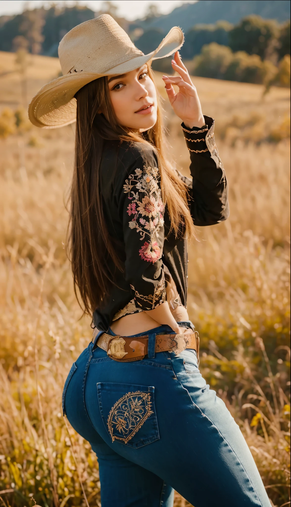 An extremely realistic, very beautiful young woman, big ass, thick legs, sensual, with long straight brown hair stands in a golden field during sunset.   She wears an elegant cowgirl hat with intricate patterns, a black western shirt adorned with colorful geometric embroidery on the sleeves, and tight jeans that highlight her figure.   Her belt is detailed with various symbols, including a prominent cross.   She looks over her shoulder, giving a confident and charming appearance, while holding the brim of her hat with one hand.   The background features soft-focus elements of nature, creating a warm and inviting atmosphere.