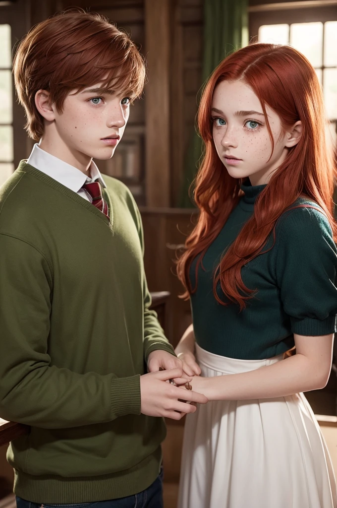 I want images of a teenage couple. A 14 year old girl, red hair with light green eyes, fair skin with freckles, da casa de Hogwarts "Griffyndor." And a 14 year old boy, cabelos castanhos ondulados, light hazel eyes, fair skin and from Hogwarts house "Griffyndor."