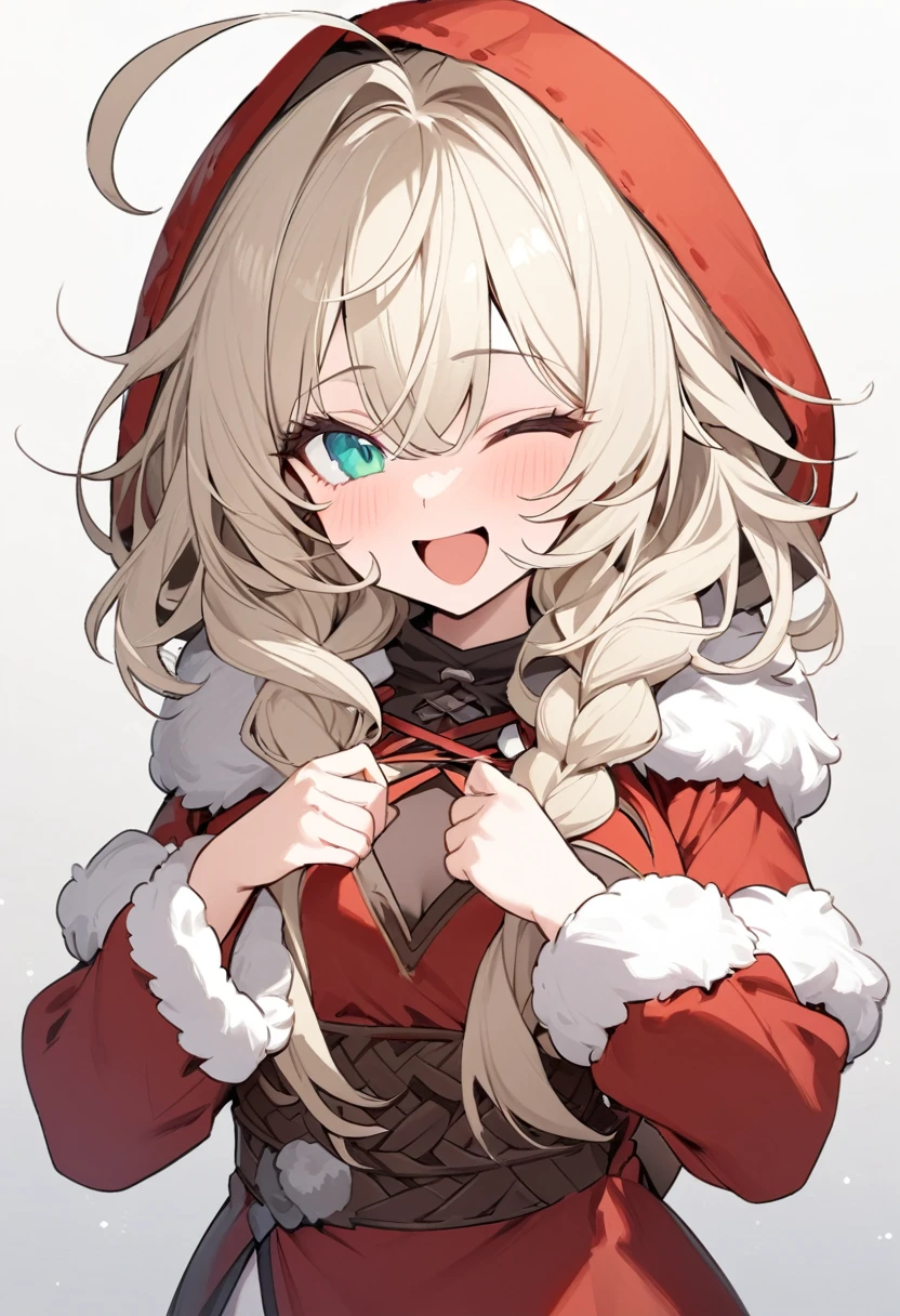 masterpiece, 独奏,19-year-old girl,, Silvery blonde hair girl, Wearing brown Viking clothing, Curly medium hair, Messy Hair, The body is slim, Wear a fur capelet and hood, The girl has her left eye closed, Shirt decoration, Aqua Eye,  Ahoge, Red vest,  Braid, Long sleeve, Beautiful Eyes, White Stockings, Droopy eyes, smile,  , View your viewers, Open your mouth, 